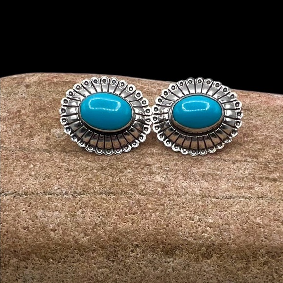 Southwestern Quoc Style Sterling Silver Faux Blue Turquoise Concho Stud Earrings - Picture 3 of 5